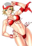  abs absurdres alice_garnet_nakata arikawa armpits bare_shoulders bikini bikini_top blonde_hair breasts cameltoe cap erect_nipples female genderswap green_eyes hand_on_hip hat highres king_of_fighters large_breasts legs looking_at_viewer navel short_hair simple_background smile solo standing swimsuit terry_bogard the_king_of_fighters_xiv thighs thong toned very_short_hair white_background 