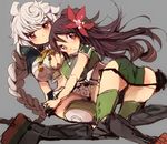  all_fours amagi_(kantai_collection) ass asymmetrical_hair bad_ass bent_over braid breasts brown_eyes brown_hair cleavage_cutout cloud_print flower green_legwear hair_between_eyes hair_flower hair_ornament jitome kantai_collection large_breasts leaning_forward long_hair lying_on_person midriff miniskirt multiple_girls sakamaki silver_hair single_braid skirt thighhighs thighs unryuu_(kantai_collection) very_long_hair zettai_ryouiki 