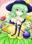  bare_shoulders collarbone doily eyelashes floral_background flower_request frown green_eyes green_hair hands_on_own_chest hands_together hat hat_ribbon highres komeiji_koishi leaning_over looking_at_viewer neko_mata ribbon short_hair skirt solo striped striped_background third_eye touhou vertical-striped_background vertical_stripes 