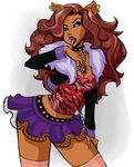  brown_hair canine clawdeen_wolf cleavage clothed clothing collar ear_piercing eyeshadow female hair lips looking_at_viewer makeup mammal monster_high necklace piercing skirt thick_thighs tongues unknown_artist were werewolf yellow_eyes 
