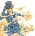  1boy blonde_hair cravat fire gloves goggles goggles_on_hat hand_on_hat hand_on_headwear hat highres jacket magic male male_focus one_piece sabo_(one_piece) scar solo top_hat 