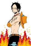  1boy bracelet fire freckles jewelry male male_focus one_piece portgas_d_ace portgasd_d_ace solo tattoo topless 