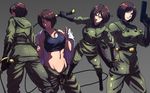  breasts brown_eyes brown_hair cleavage female gun king_of_fighters military military_uniform mound_of_venus pistol s_tanly simple_background snk tank_top undressing uniform weapon whip whip_(kof) 