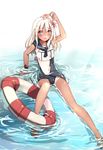  blonde_hair blue_eyes blush flower hair_flower hair_ornament highres hika_(cross-angel) kantai_collection lifebuoy long_hair navel one-piece_tan open_mouth ro-500_(kantai_collection) school_swimsuit school_uniform serafuku solo swimsuit swimsuit_under_clothes tan tanline torn_clothes torn_swimsuit 