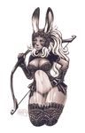  animal_ears armor bow_(weapon) breasts bunny_ears cleavage cropped_legs dark_skin ears_through_headwear final_fantasy final_fantasy_xii fingerless_gloves fran gloves greyscale hand_on_hip helmet iahfy long_hair medium_breasts monochrome navel over_shoulder see-through solo thighhighs vambraces viera weapon weapon_over_shoulder 