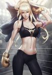  blonde_hair boxing_gloves boxing_ring breasts brown_eyes cleavage contrapposto girls_of_the_wild's highres lips medium_breasts midriff navel necktie pants ponytail queen_(gotw) solo sports_bra standing stanley_lau toned 
