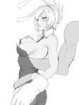 animal_ears bare_shoulders battle_bunny_riven blush bow bowtie breast_grab breasts bunny_ears bunny_tail bunnysuit detached_collar disembodied_limb fake_animal_ears gloves grabbing grabbing_from_behind greyscale hairband hands highres kumiko_shiba league_of_legends medium_breasts monochrome nipples pantyhose paw_gloves paws riven_(league_of_legends) short_hair solo_focus sweatdrop tail 