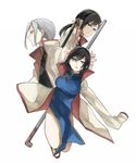  2girls black_hair brother_and_sister chinese_clothes ei_li_fan ei_li_lei ei_yi_li etsusa_oohashi flower grey_hair hair_flower hair_ornament kuragesaki lead_pipe long_hair multiple_girls short_hair siblings sisters 