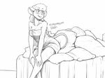  2014 anthro bed blush breasts cheek_tuft cleavage clothed clothing female hair hands_on_knees katie_(t-kay) long_hair mammal monochrome mouse pillow rodent shoulder_tuft sketch smile solo t-kay towel wet 