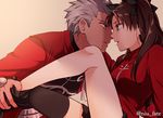  1girl archer brown_hair dark_skin dark_skinned_male fate/stay_night fate_(series) grey_hair hetero long_legs lowres niu_illuminator single_thighhigh thighhighs toosaka_rin two_side_up 