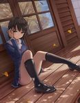  bangs black_legwear brown_eyes brown_hair collarbone convenient_leg day dutch_angle glass hair_tucking head_tilt highres katou_megumi kneehighs leaf loafers long_legs long_sleeves looking_at_viewer reflection saenai_heroine_no_sodatekata school_uniform shoes short_hair shouye_ying sitting skirt sky smile solo veranda 