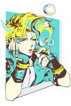  bubble_blowing bubble_pipe caesar_anthonio_zeppeli facial_mark feathers fingerless_gloves gloves hair_feathers headband jacket jojo_no_kimyou_na_bouken limited_palette male_focus mapi one_eye_closed solo 
