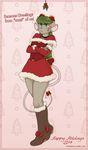  anthro blue_eyes blush boots bow breasts cheek_tuft choker clothed clothing crossed_arms english_text female fur green_hair grey_body grey_fur hair katie_(t-kay) kiss_mark lipstick long_hair mammal mistletoe mouse necklace plant rodent santa_costume solo standing t-kay text wide_hips 