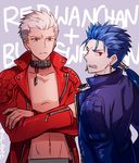  archer blue_hair blue_jacket brown_eyes collar earrings fate/extra fate/extra_ccc fate_(series) jacket jewelry lancer male_focus multiple_boys niu_illuminator ponytail red_eyes red_jacket white_hair 