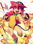 :d black_gloves blush_stickers explosion fingerless_gloves gloves hat leotard long_hair looking_at_viewer metata open_mouth original pointy_ears red_hair smile solo tail yellow_eyes yellow_leotard 