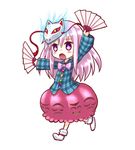  arm_up bow bubble_skirt commentary_request dual_wielding expressionless fan folding_fan fox_mask hata_no_kokoro holding long_hair long_sleeves mask nibi open_mouth pink_eyes pink_hair see-through shirt skirt solo touhou very_long_hair wide_sleeves 