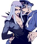  alternate_hair_length alternate_hairstyle blue_lipstick dual_persona grey_hair hat jojo_no_kimyou_na_bouken leone_abbacchio lipstick long_hair makeup male_focus mapi multiple_boys police police_hat police_uniform short_hair uniform 