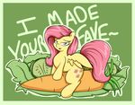  bedroom_eyes carrot cucumber cutie_mark equine feathers female fluttershy_(mlp) friendship_is_magic fur graphene hair hooves lettuce long_hair looking_at_viewer mammal my_little_pony open_mouth pegasus pink_hair smile solo text wings yellow_fur 
