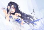  45_(diagonal45angle) blue_eyes bracelet breasts cleavage dress earrings finger_to_mouth jewelry large_breasts lips long_hair looking_at_viewer necklace original ribbon ribbon-trimmed_clothes ribbon_trim snowflake_earrings solo very_long_hair wind 