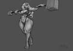  2014 abs big_breasts breasts clothing cyclops female hair hammer long_hair monochrome monster muscles muscular_female navel not_furry oneobese swimsuit tools weapon wide_hips 