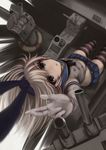  bare_shoulders blonde_hair blue_eyes blue_skirt bow crop_top elbow_gloves gloves hair_bow hairband highres kantai_collection long_hair looking_at_viewer looking_up mappaninatta neckerchief parted_lips pleated_skirt reaching rensouhou-chan shimakaze_(kantai_collection) sitting skirt striped striped_legwear thighhighs white_gloves 