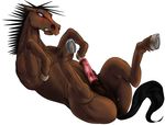  anatomically_correct anatomically_correct_penis anus balls black_hair blush brown_fur equine erection feral fur hair hooves horse lying male mammal nabesiki on_back penis plain_background solo sweat 