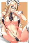  areola_slip areolae black_neckwear blonde_hair blue_eyes blush breasts covered_nipples detached_collar glasses highres large_breasts long_hair looking_at_viewer maid maid_bikini navel necktie original parted_lips simple_background slingshot_swimsuit solo striped striped_neckwear swimsuit takamura_wamu thighhighs white_legwear wrist_cuffs 