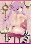  alternate_hairstyle ass back bow breast_press breasts chair clock crescent crescent_hair_ornament g-string hair_bow hair_ornament highres large_breasts long_hair looking_at_viewer looking_back no_bra no_hat no_headwear non-web_source open_mouth panties patchouli_knowledge pekopokox purple_eyes purple_hair scan sitting sitting_backwards solo sparkle striped striped_legwear table thighhighs thong touhou twintails underwear 