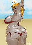  2013 anthro beach bikini blonde_hair blue_eyes bra breasts butt chubby clothing cloud donkey equine female grey_skin hair looking_at_viewer looking_back mammal oneobese open_mouth sand seaside sky swimsuit teeth tongue underwear 