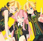  2girls absurdres artist_name blonde_hair blue_eyes bow bowtie brother_and_sister fang fur_collar grin hair_ornament hairclip headphones headphones_around_neck highres kagamine_len kagamine_rin long_hair matching_outfit megurine_luka multiple_girls one_eye_closed project_diva_(series) project_diva_f reciever_(module) rimocon_(vocaloid) short_hair short_ponytail siblings smile symbol-shaped_pupils transmitter_(module) twins v vocaloid yui_(22) 