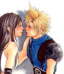  cloud_strife cloud_tifa eyes_closed final_fantasy final_fantasy_vii incipient_kiss lowres shadow simple_background tifa_lockhart tifa_lockheart 