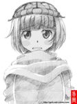  bangs blunt_bangs blush gofu greyscale hat monochrome scarf sketch solo spot_color suzukawa_koume taishou_yakyuu_musume traditional_media 