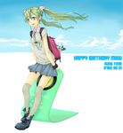  ankle_boots backpack bag boots character_doll earphones green_eyes green_hair hachune_miku happy_birthday hatsune_miku legs long_hair necktie over-kneehighs sasetsu scrunchie shoes skirt smile solo striped striped_legwear thighhighs twintails vertical-striped_legwear vertical_stripes vocaloid wind 