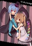  akiyama_mio akiyama_mio_(cosplay) amakaze_sora bat_wings blonde_hair blue_hair blue_legwear cosplay don't_say_&quot;lazy&quot; fingerless_gloves flandre_scarlet gloves hat hirasawa_yui hirasawa_yui_(cosplay) k-on! mini_hat mini_top_hat multiple_girls one_side_up pantyhose parody ponytail red_eyes remilia_scarlet short_hair siblings sisters striped striped_background striped_legwear top_hat touhou vertical-striped_legwear vertical_stripes wings 