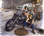  black_hair blonde_hair boots cloud_strife cloud_tifa final_fantasy final_fantasy_vii long_hair midriff motor_vehicle motorcycle pauldrons tifa_lockhart tifa_lockheart traditional_media vehicle 