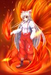  bow fire fujiwara_no_mokou hair_ribbon highres long_hair mugen_soukyuu red_eyes ribbon silver_hair solo suspenders touhou 