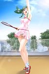  1girl game_cg green_hair racket sexy sinnin_eigo_kyou sky solo tennis tennis_racket upskirt 