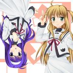  467_(artist) arisa_bannings bad_id bad_pixiv_id blonde_hair blush green_eyes hairband long_hair lyrical_nanoha mahou_shoujo_lyrical_nanoha multiple_girls purple_eyes purple_hair rotational_symmetry school_uniform seishou_elementary_school_uniform short_twintails smile tsukimura_suzuka twintails upside-down 