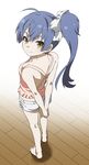  back barefoot blue_hair downblouse feet legs long_hair mattaku_mousuke original ponytail shorts smile solo 