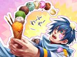  blue_eyes blue_hair blue_scarf blush food ice_cream kaito male_focus pocky scarf solo tears uniuni vocaloid 