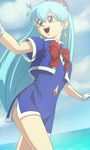  blue_hair dress legs long_hair miniskirt short_dress skirt stewardess tenjouin_katsura yat_anshin_uchuu_ryokou 