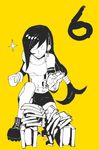  6 artist_request black_hair boots breaking breasts eyes_closed final_fantasy final_fantasy_vii large_breasts long_hair monochrome number ponytail simple_background tank_top tifa tifa_lockhart tifa_lockheart yellow yellow_background 