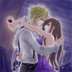  bow_tie cloud_strife cloud_tifa dress final_fantasy final_fantasy_vii hug incipient_kiss lowres smile suspenders tifa_lockhart tifa_lockheart undressing wine 