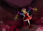  blonde_hair crystal dress dutch_angle flandre_scarlet full_body highres looking_at_viewer mizumiyako puffy_short_sleeves puffy_sleeves red_dress red_eyes short_sleeves solo touhou walking 