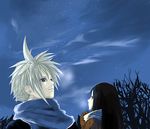  alternate_costume breath cloud cloud_strife cloud_tifa coat cold final_fantasy final_fantasy_vii from_behind lowres night outdoors scarf sky star tifa_lockhart tifa_lockheart tree 