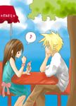  cloud_tifa eating final_fantasy final_fantasy_vii food ice_cream musical_note outdoors parfait sitting smile spoon table tifa_lockhart tifa_lockheart tree 