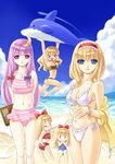  &gt;_&lt; :d alice_margatroid alternate_hairstyle bad_id bad_pixiv_id beach bikini blonde_hair blue_eyes book braid closed_eyes cloud crescent crescent_hair_ornament day doll douji frilled_bikini frills hair_ornament hourai_doll kirisame_marisa long_hair matching_hourai matching_shanghai multiple_girls ocean open_mouth outdoors patchouli_knowledge purple_eyes purple_hair shanghai_doll short_hair side-tie_bikini sky smile striped striped_bikini striped_swimsuit swimsuit touhou water xd 