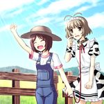  1girl akizuki_ryou animal_print antenna_hair bad_id bad_pixiv_id blush brown_eyes brown_hair closed_eyes collar cow_print crossdressing farm fence field grass hat hidaka_ai idolmaster idolmaster_dearly_stars leash maid open_mouth otoko_no_ko overalls short_hair smile suspenders sweat tears totokichi 