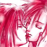  cloud_strife cloud_tifa eyes_closed final_fantasy final_fantasy_vii incipient_kiss lowres monochrome pink tifa_lockhart tifa_lockheart 