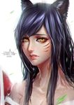  ahri animal_ears blue_eyes fox_ears glowing glowing_eyes league_of_legends lips long_hair looking_at_viewer lucha_cha off_shoulder parted_lips portrait slit_pupils solo whisker_markings yellow_eyes 